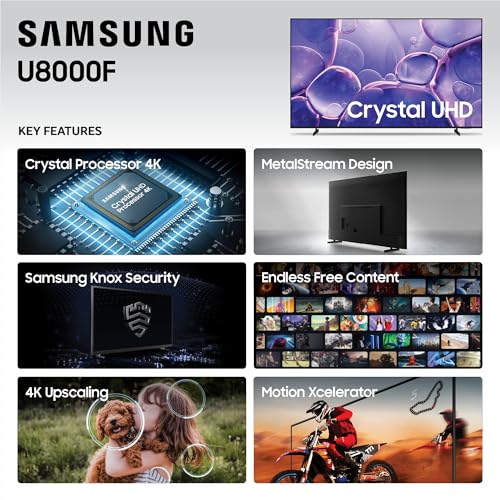 Samsung 43-Inch Class Crystal UHD U8000F 4K Smart TV (2025 Model) Endless Free Content, Crystal Processor 4K, MetalStream Design, Knox Security, Alexa Built-in
