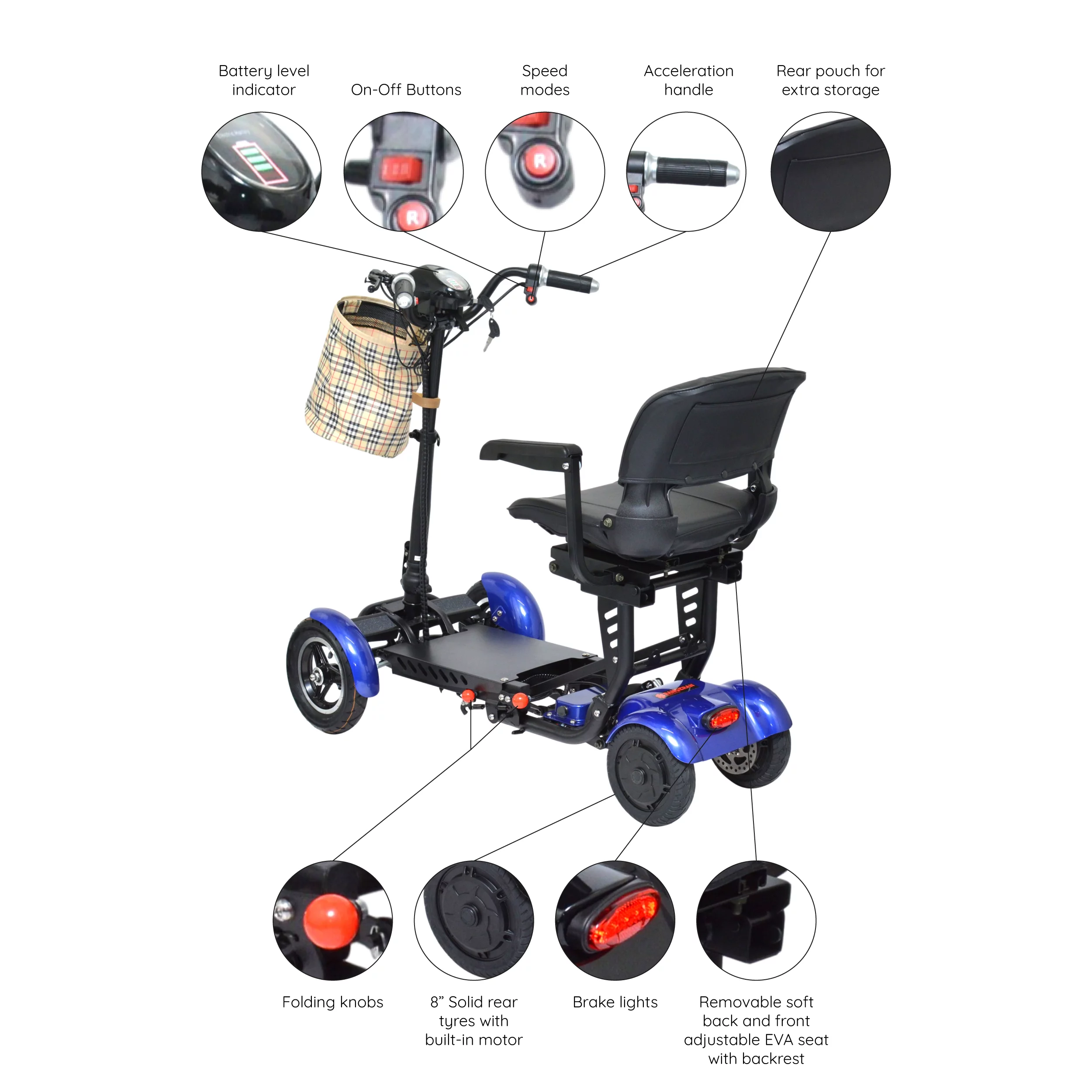 Bangeran Electric Mobility Scooter, 4 Wheel Foldable Portable, Up to 12 Miles - Blue