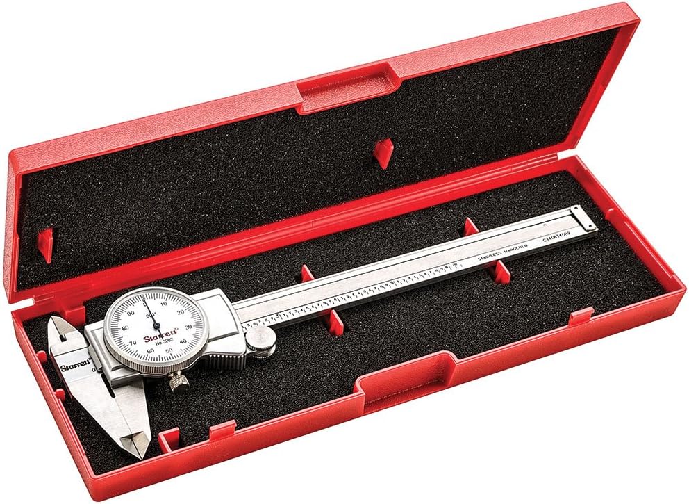 Starrett Dial Caliper Measuring Tool 3202-6, Hardened Stainless Steel Metal, 6 Inch Range, 0.001 Graduation, Measure Inside Outside Dimensions and Depth, Carry Case Included, White