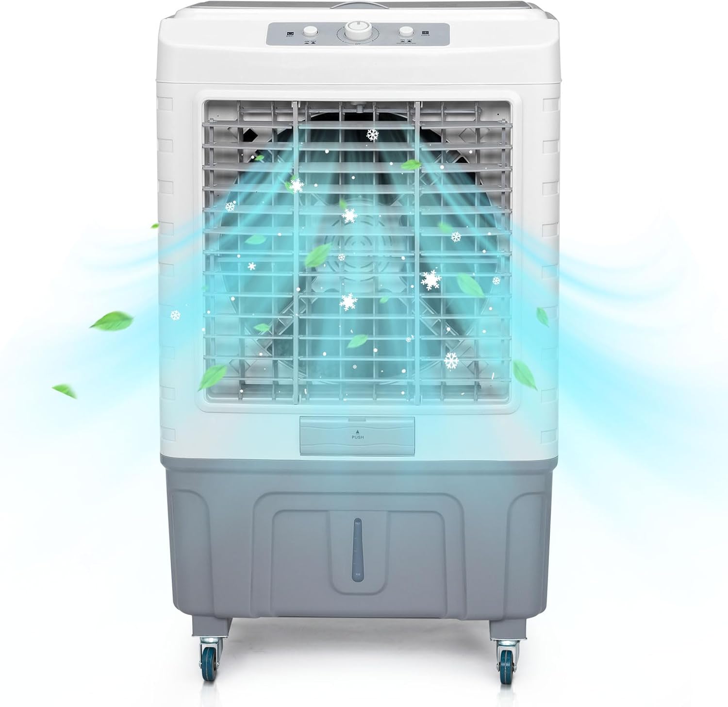 3 in 1 Portable Evaporative Cooler,Indoor,Outdoor,4118CFM Personal Air Cooler,Mechanical control,13.2 Gal Large Water Tank & Scroll Casters, 4 Ice Packs,White and gay