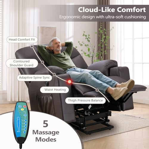 ANJ Large Power Lift Recliner Chair with Massage and Heat for Elderly Big People, Electric Wide Recliners, Heavy Duty and Safety Motion Fabric Reclining Mechanism with USB Ports, Side Pocket, Camel