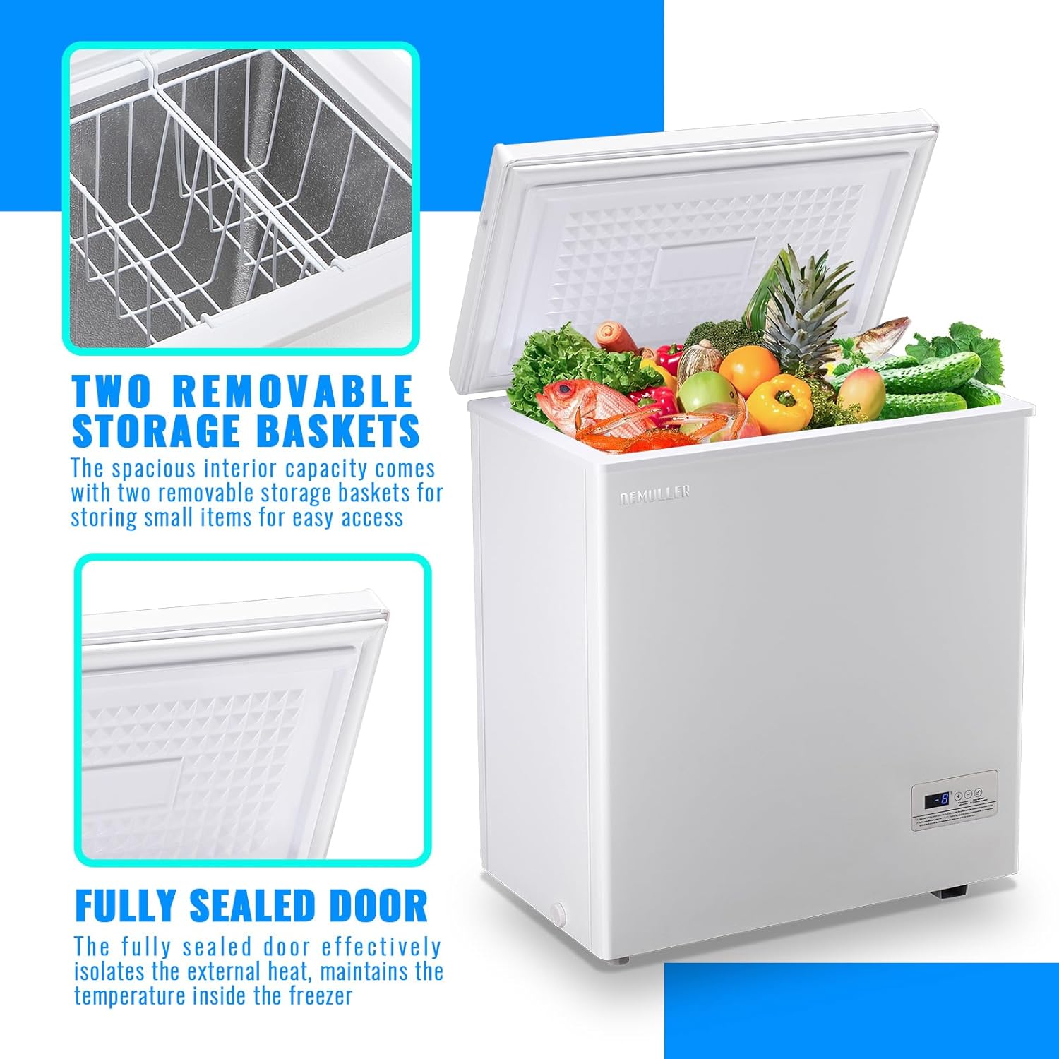 Chest Freezer 5.0 CU.FT Ultra-low Temperature Deep Freezers (Down to -12-50℉) with TWO Removable Baskets Freestanding White Small Mini Compact Fridge Freezer for Home/Kitchen/Office