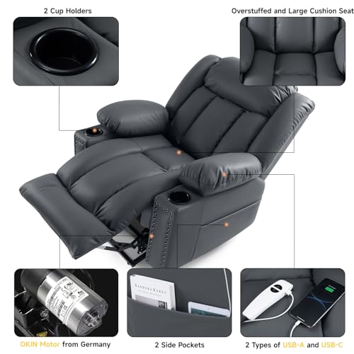Large Power Lift Chairs Recliners for Elderly with Heated and Massage, Overstuffed Adjustable Lift Chairs, 3 Positions, Breathable Leather, USB-A and USB-C, Cup Holder, Side Pocket Dark Brown