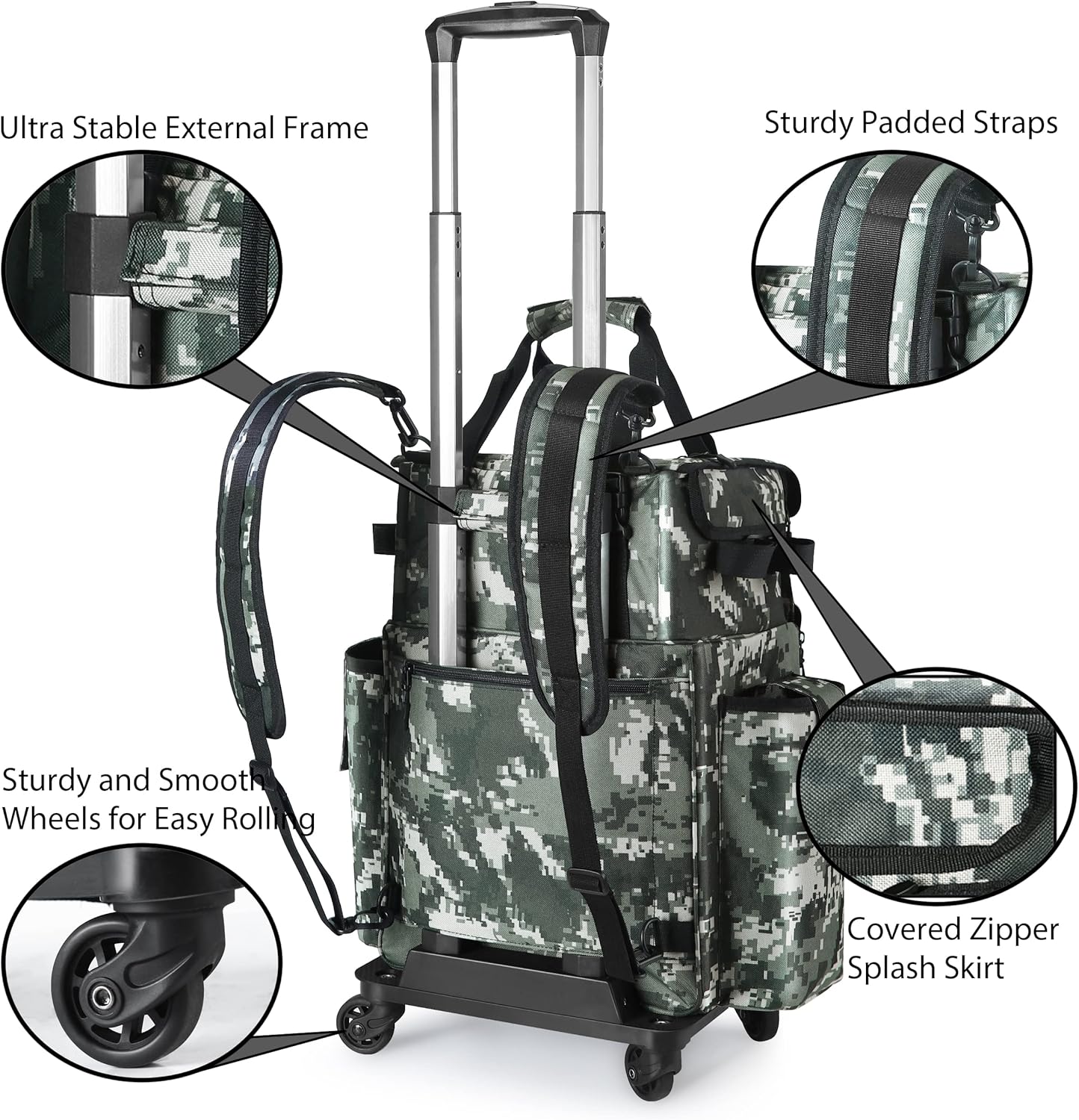Rolling Fishing Tackle Bags with Rod Holder, Fishing Backpack Removable Wheels and Fishing Cart with Tackle Included, Fishing Gifts for Men, Waterproof Fishing Organizer Pack with Rod Case