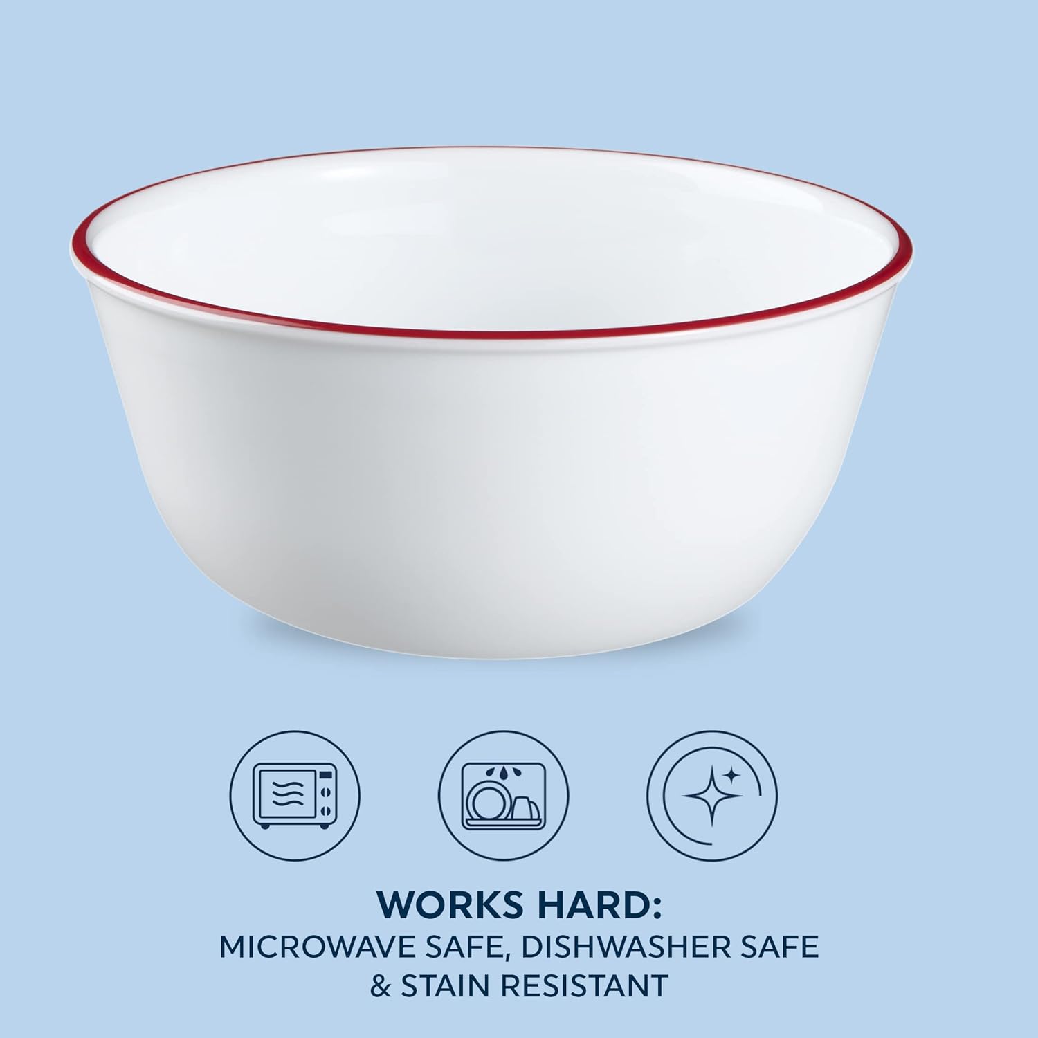 Corelle Vitrelle 78-Piece Service for 12 Dinnerware Set, Triple Layer Glass and Chip Resistant, Lightweight Round Plates and Bowls Set, Splendor & Glass 28oz Red Band Bowl 6pk
