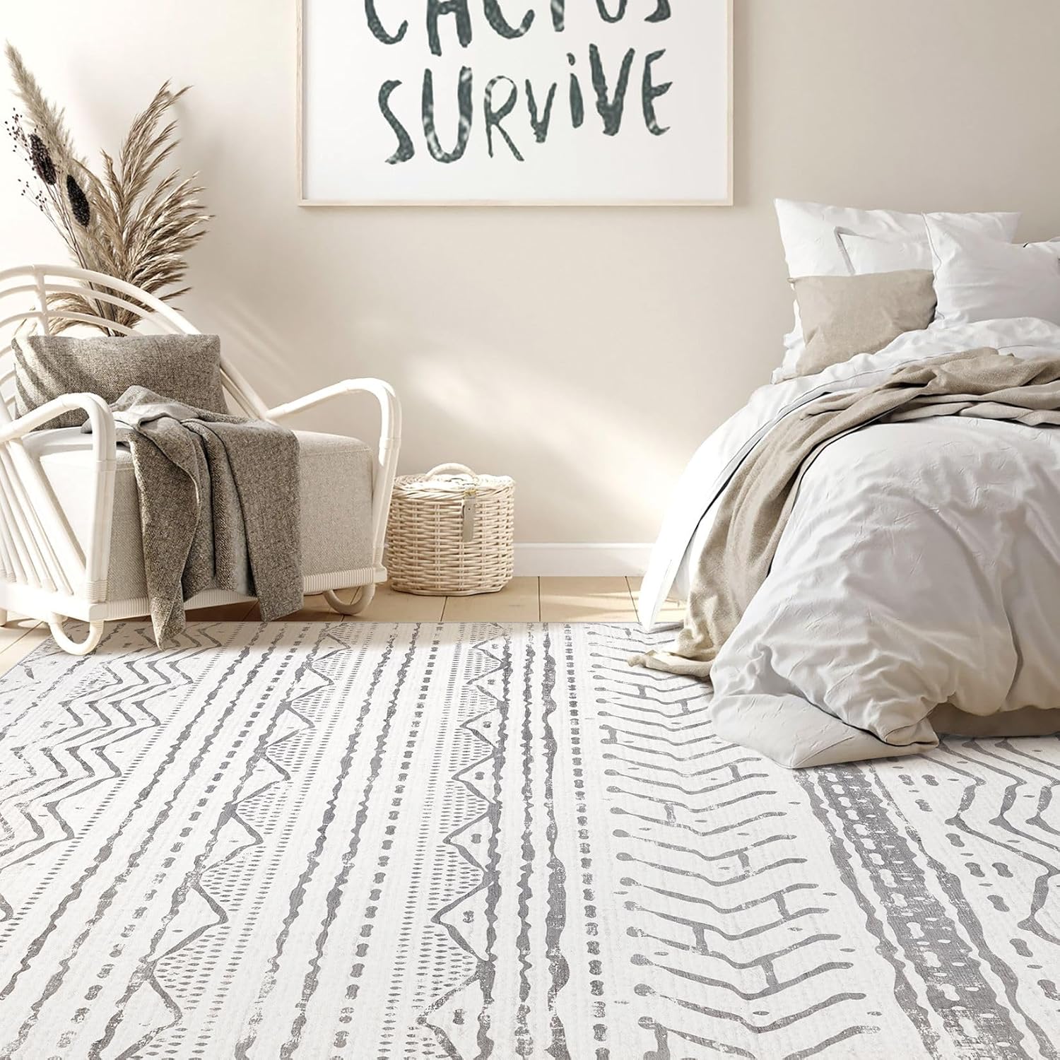 9x12 Area Rug Living Room Rugs: Large Soft Machine Washable Boho Moroccan Farmhouse Neutral Stain Resistant Indoor Floor Rug Carpet for Bedroom Under Dining Table Home Office House Decor - Grey