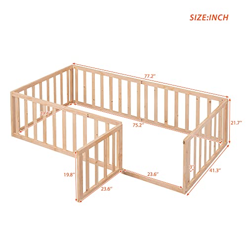 Twin Size Floor Bed Frame Compatible with Toddler Montessori Floor Beds with Fence Railings Compatible with, Twin Size Playhouse Bed Compatible with Boys Girls, Natural,bed frame