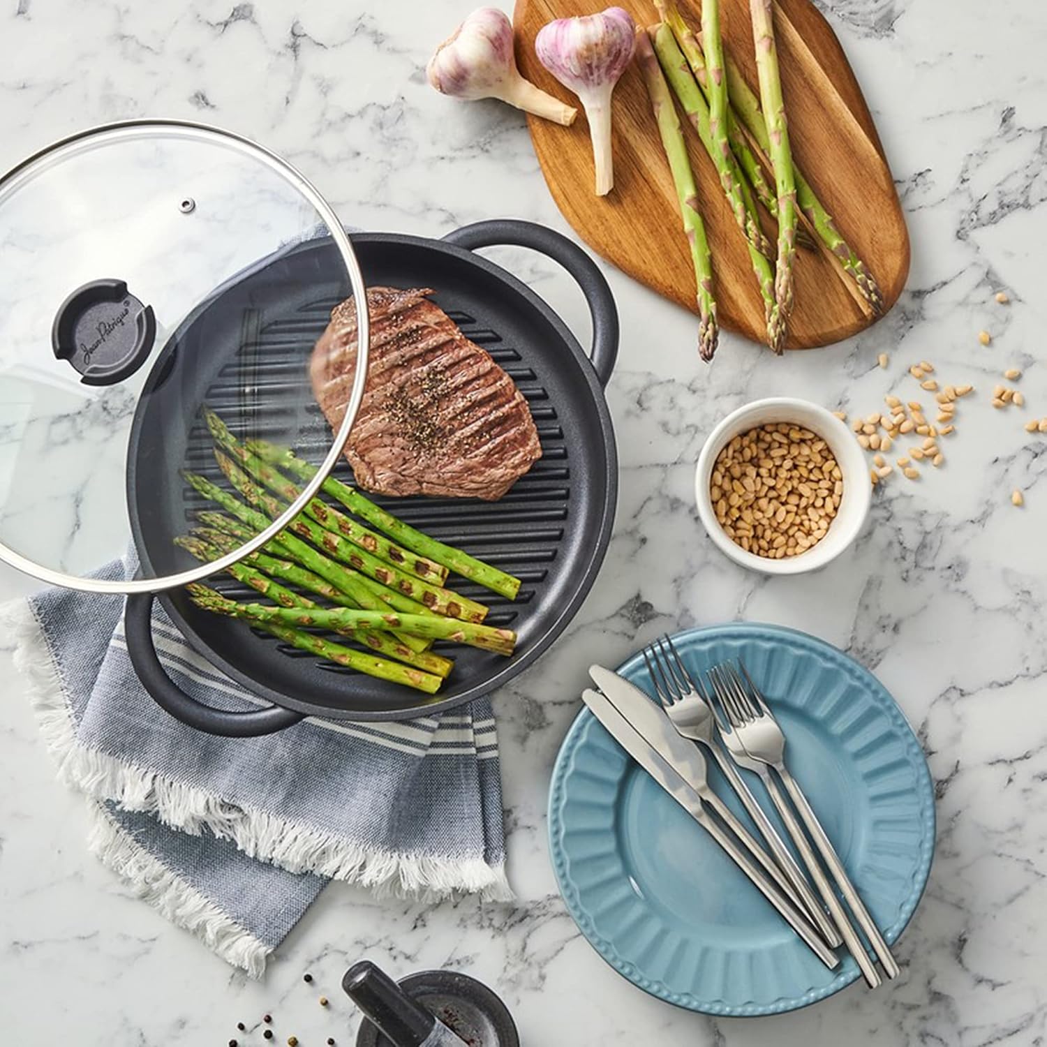 Jean Patrique The Whatever Pan - Cast Aluminium Griddle Pan with Glass Lid | 10.6 Diameter, Induction Compatible, Non-Stick