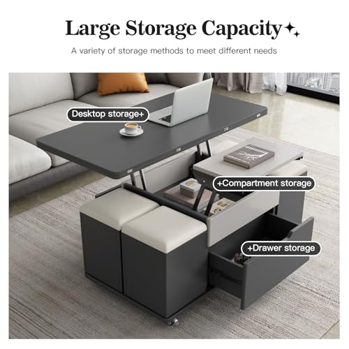 Lift Top Coffee Table with 4 Seats, 3 in 1 Mutifunction Center Table with Storage Pu Stools,Coffee Table Converts to Dining Table for Kitchen, Living Room, Bedroom