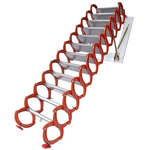 Folding Wall Mounted Ladder, 12Steps Loft Ladder Stairs Attic Pull Down Stairs Retractable Attic Ladder with Armrests Handle for Loft and Cottage Top Extension Stairs, Blue+White