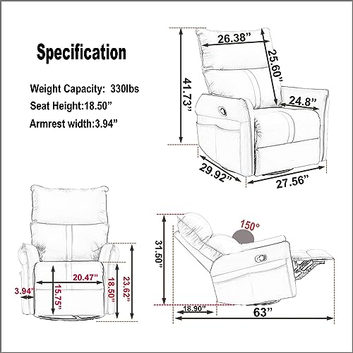 Swivel Rocker Recliner, Leather Rocker Recliner with 360 Degree Swivel & Reclining Function, Glider Recliner Nursery Chair with Adjustable Footrest and Pocket, Recliners for Small Spaces