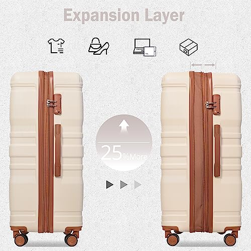 Merax Expandable Hardside Luggage Spinner Wheel Suitcase TSA Lock Suit Case, Brown and Ivory, 4-Piece Set
