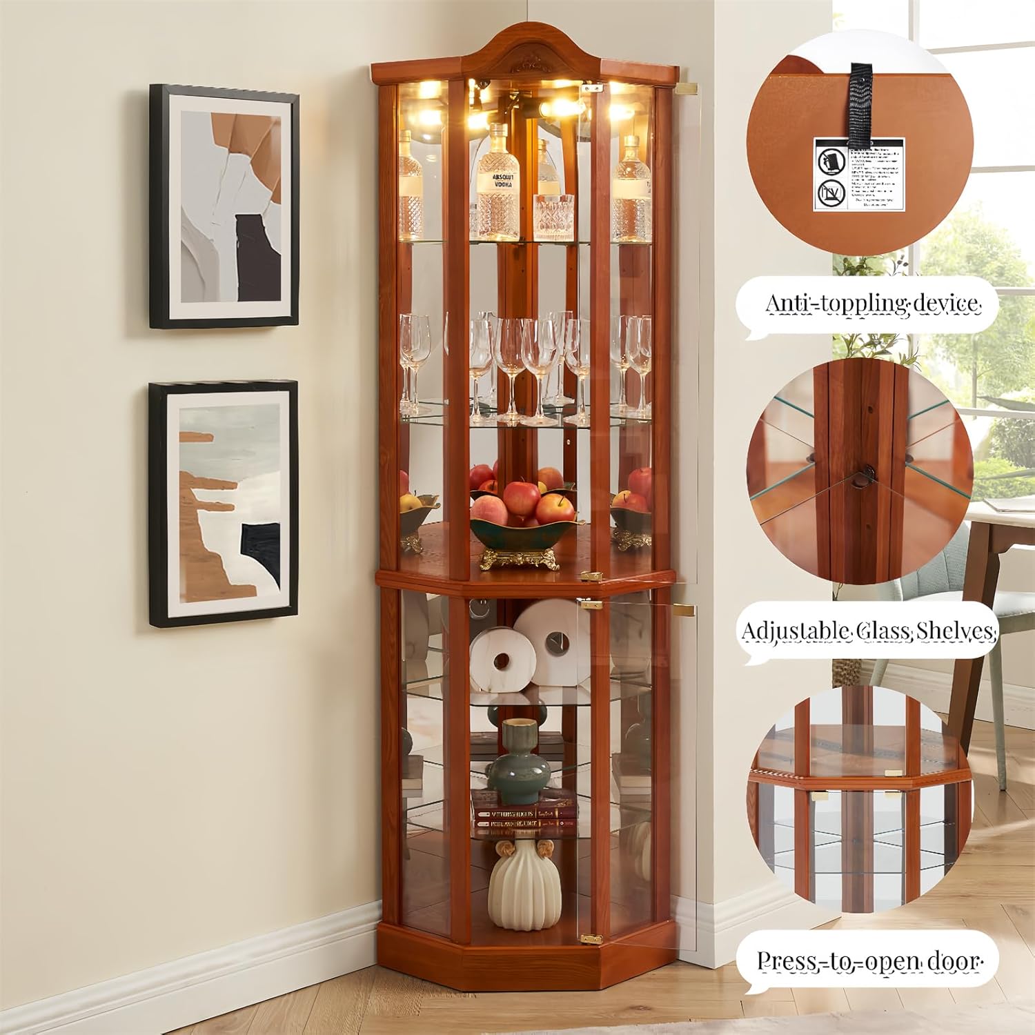 Lighted Curio Cabinet for Living Room, Corner Display Case with Tempered Glass Doors and Adjustable Shelves, Liquor Wine Storage Cabinet, Carved Decoration Glass Display Cabinet (Brown, 72''H)