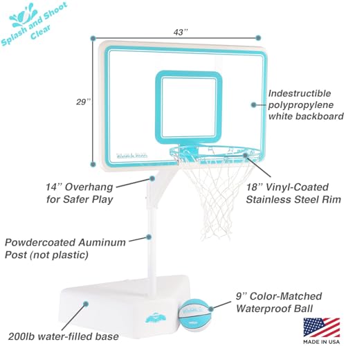 Dunn-Rite Splash & Shoot Outdoor Adjustable Height Swimming Pool Basketball Hoop w/Ball, Base, & 18 Inch Stainless Steel Rim for Adults & Kids, Choose Clear or White (Clear Xtreme Blue)
