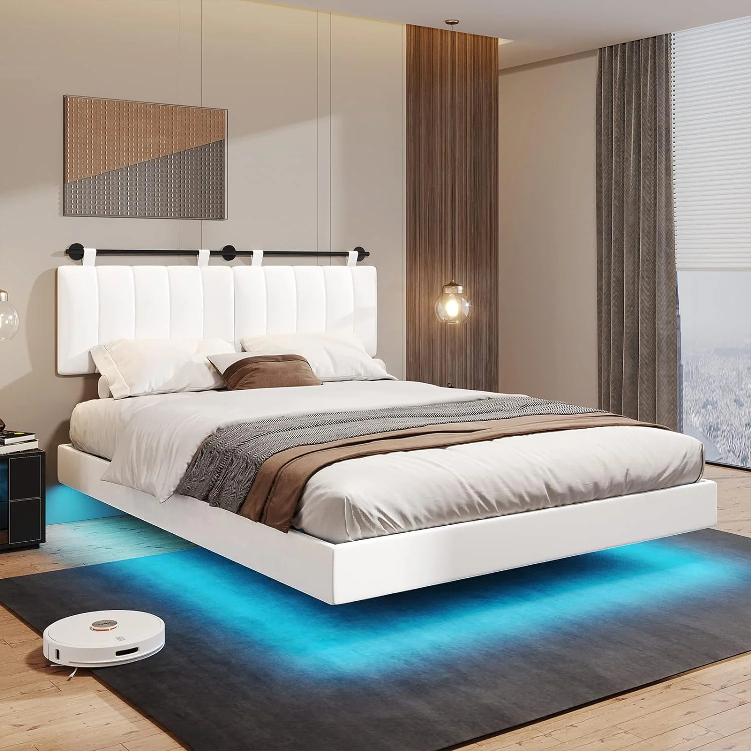 Afuhokles LED Floating Queen Bed Frame with Wall Mounted Headboard and Led Lights, Platform Bed Frame with Upholstered Headboard, Faux Leather Fabric, No Box Spring Needed, White