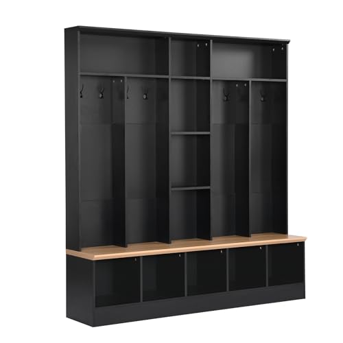 Wide Hall Tree with Shoe Storage Bench, Minimalist Entryway Bench with Coat Rack, Cube Storage and Shelves, Multifunctional Mudroom Bench with Storage and 8 Hooks for Entryway, Hallway (White)