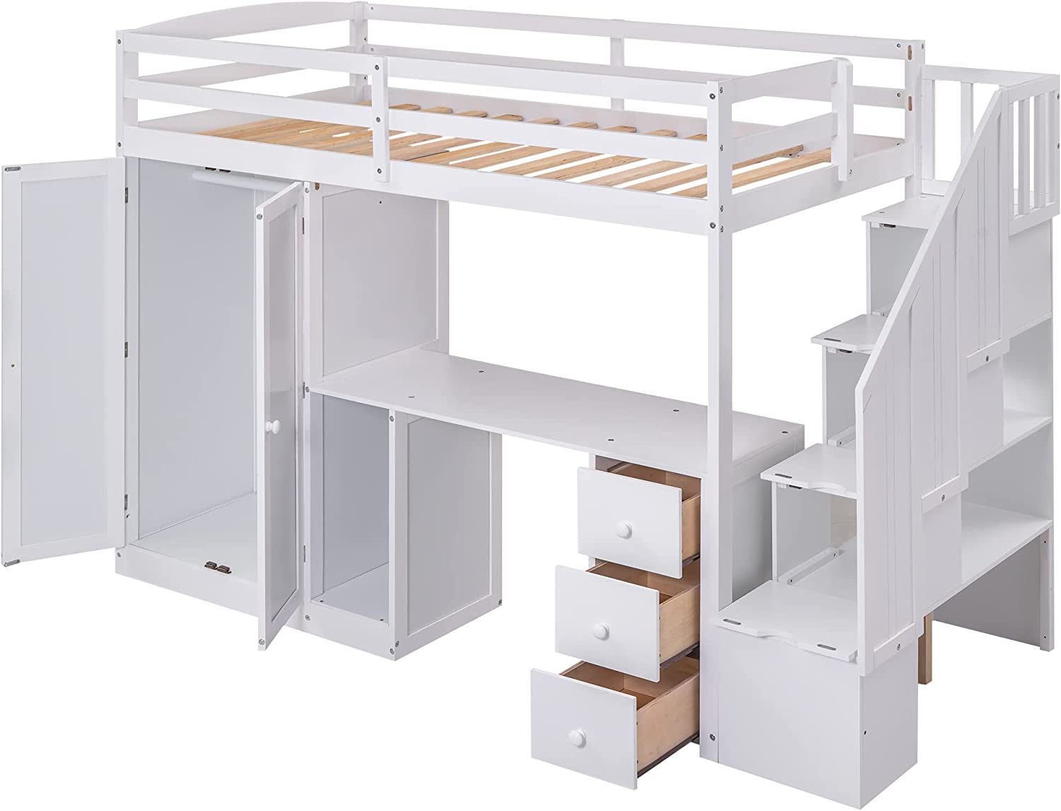 Loft Bed With Stairs And Wardrobe, Solid Wood Loft Bed Frame With Desk And Storage Drawers, Cabinet, For Kids Teens Adults ( Size, White)