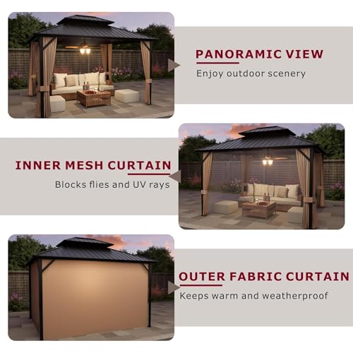 10'x12' Hardtop Gazebo, Double-Layer Galvanized Steel Roof Gazebo, All-Season Aluminum Frame Pavilion with Privacy Curtains and Netting for Patio, Garden, Hot Tub & Backyard
