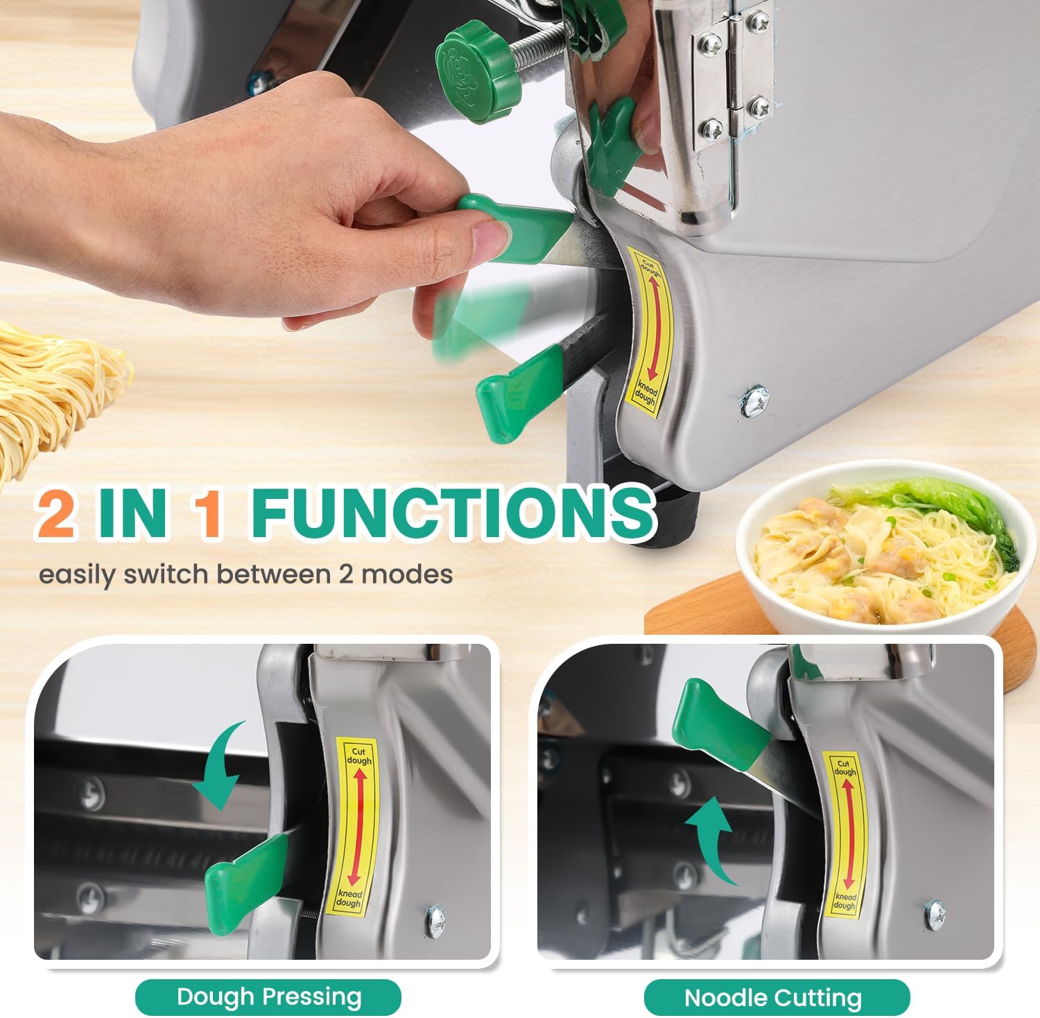Newhai Commercial Electric Pasta Maker 2-in-1 Automatic Noodle Machine Thickness Adjustable 2mm 6mm Noodle Heavy Duty Dough Roller Pressing Machine, 750W