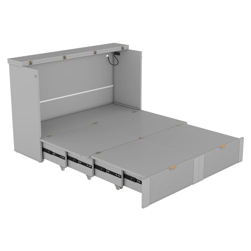 Full Size Murphy Bed with Storage Drawer and Headboard, Wooden Wall Bedframe w/a Set of Sockets & USB Ports, Pulley Structure Design, Foldable Platform Bed for Home Office Small Room, Gray