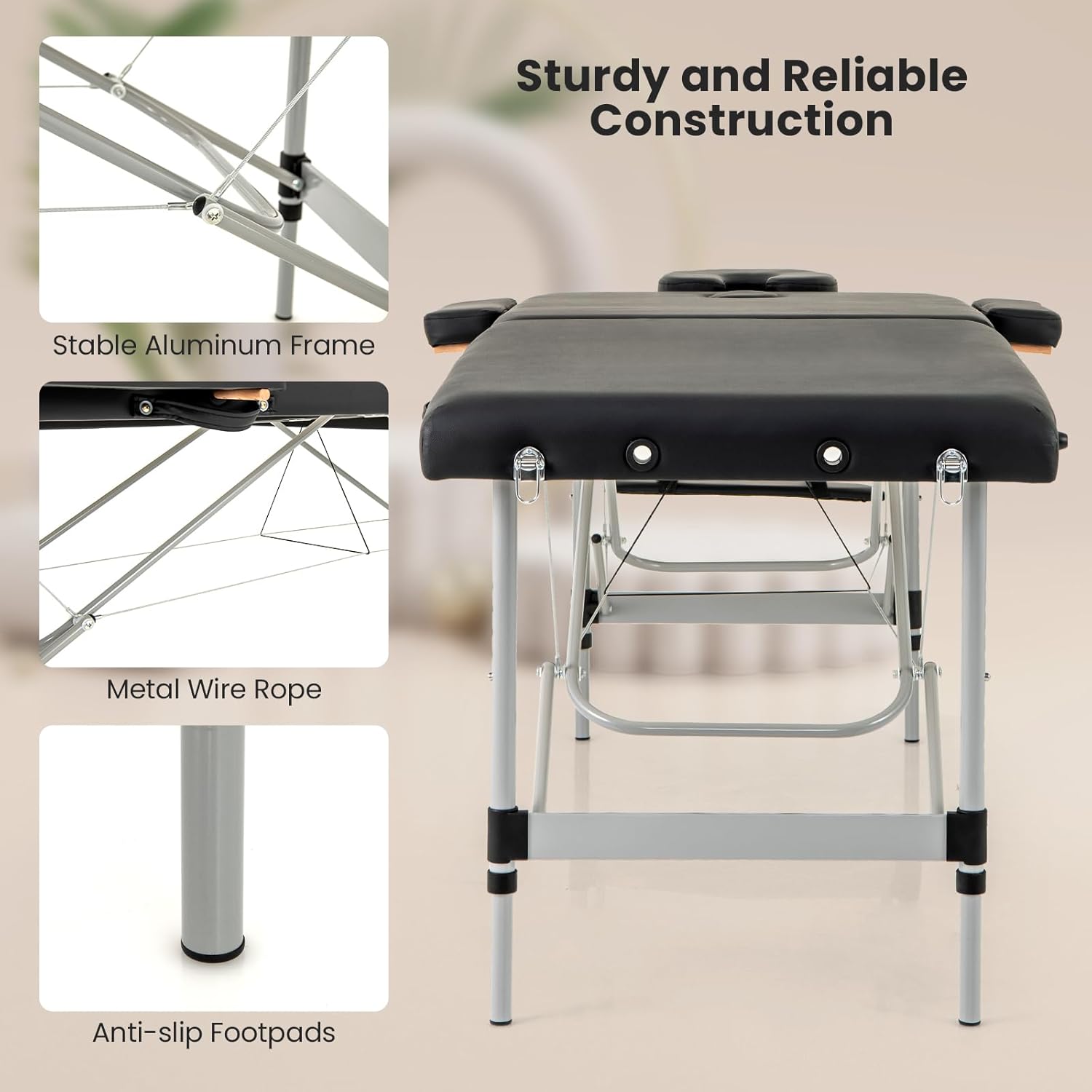 Giantex Massage Table, Portable Massage Bed with Carrying Bag, 2 Fold Salon Spa Tattoo Bed, Height Adjustable, Sturdy Aluminum Frame, Professional Massage Lash Bed Esthetician Bed, Black