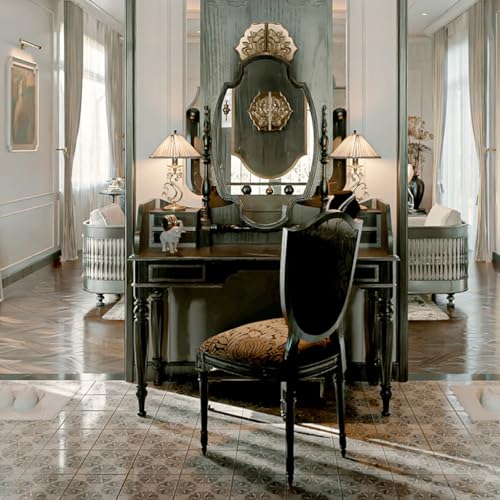 Makeup Table Vanity French Retro Solid Wood Dressing Table, Simple Bedroom Dressing Table, Small Apartment Dressing Table and Chair Combination Vanity Desk