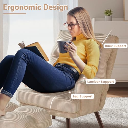 Reading Chair with Ottoman Indoor - Comfy Accent Chair with Ottoman Lounge Chair Armchair,Living Room Chair and Ottoman Set,Bedroom Lazy Chair Adjustable Thick Padded Backrest (Green)