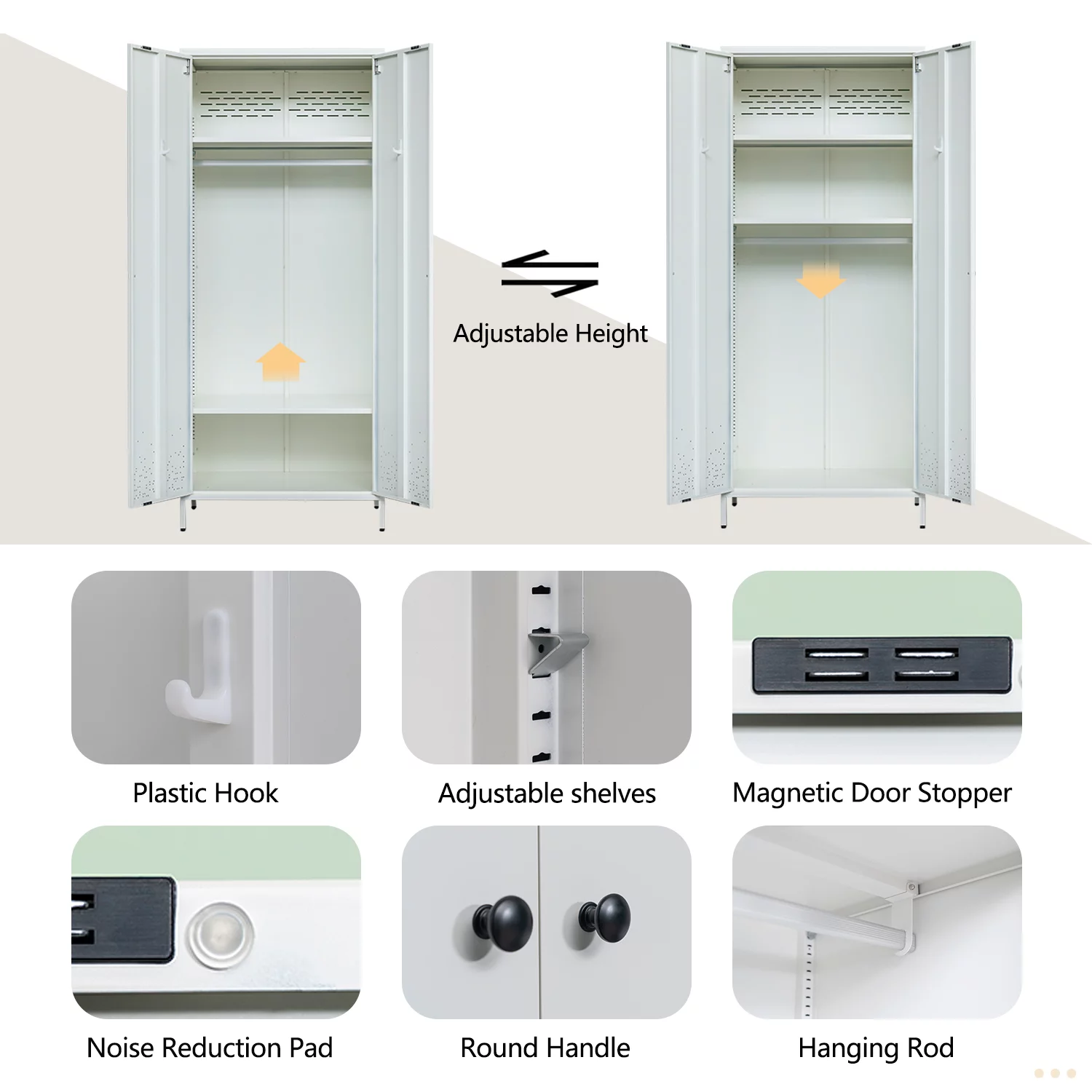 Storage Cabinet, Metal Wardrobe Armoire Closet with Hanging Rod for Bedroom, Laundry Room(White)
