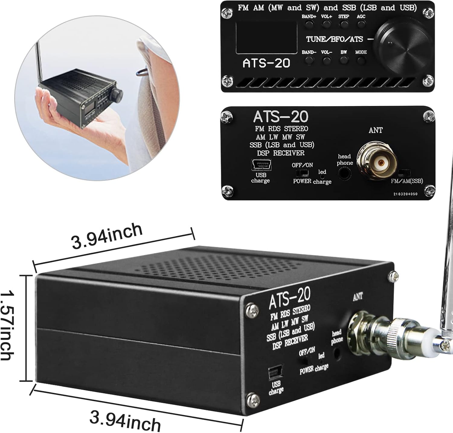 Si4732 Full Band Radio Receiver FM AM (MW&SW) and SSB (LSB & USB) Portable Handheld Radio Recorder, Built-in Battery, with Speaker, Antenna and Aluminum Alloy Case Pack of 2