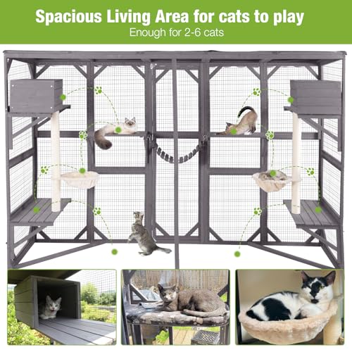 Catio Outdoor Cat Enclosure Window Cat House Wall Mounted Wooden Cat Cage with Scratching Posts,Resting Box