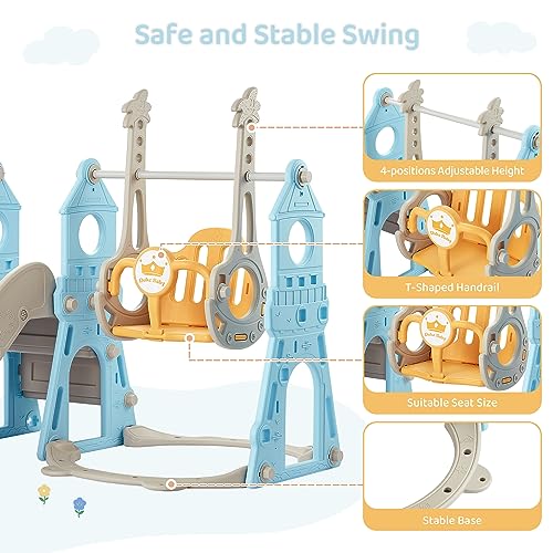 4-in-1 Toddler Slide and Swing Set with Extra Large Playground, Basketball Hoop & Climber, Indoor/Outdoor Playset, Castle Collection - Blue & Yellow