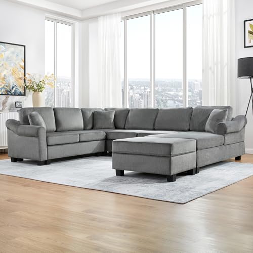 Oversized U-Shaped Sectional Sofa Couch Plush Corduroy Upholstered Modular Deep Seat Sofa&Couch Sectional W/Right Facing Chaise Lounge and 7 Toss Pillows for Home Apartment Living Room Furniture Sets