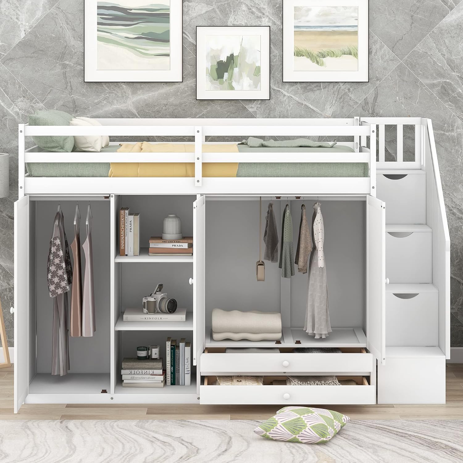 Functional Twin Loft Bed with 3 Shelves, Two Wardrobes and 2-Tier Large Drawers, Space-Saving Loftbed with Storage Ladder & Full-Guardrails for Kids Teens Adults, No Box Spring Needed, White