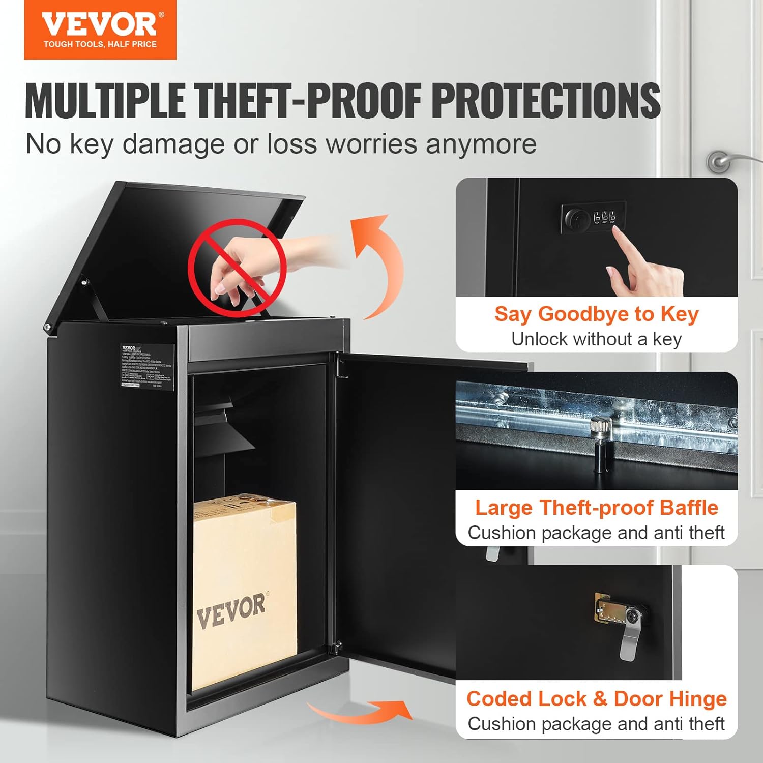 VEVOR Package Delivery Boxes for Outside 15.4" x 10.6" x 20.5", Galvanized Steel Wall Mount Mailbox with Coded Lock, Anti-Theft Baffle, IPX3 Waterproof Lockable Large Mail Box for Porch, Curbside
