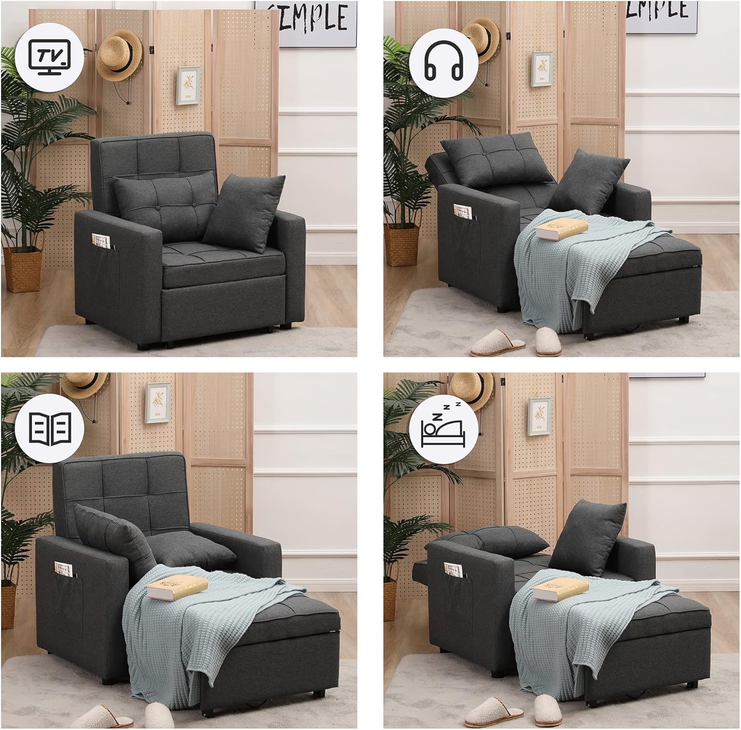 Convertible Chair Bed 3-in-1,Folding Sleeper Chair Bed, Multi-Functional Adjustable Recliner for Apartment, Living Room, Sofa, Bed, Single Bed Chair with Pillow Dark Grey