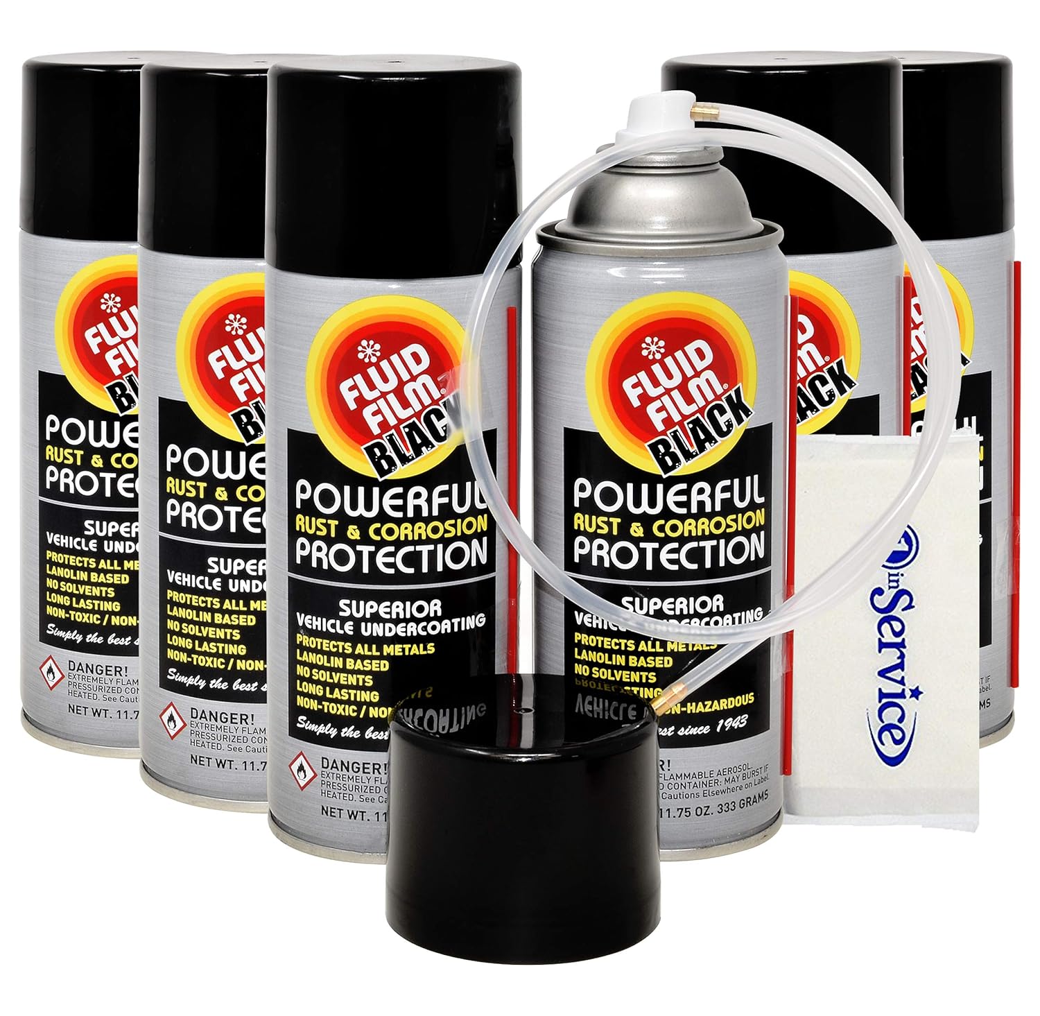 Fluid Film 11.75 Oz Undercoating Protection Aerosol Spray Can Black 6 Pack, Rust Inhibitor and Prevention, Anti Corrosion Multi Purpose Penetrant and Lubricant, Spray Can Extension Wand and Tissue Pack