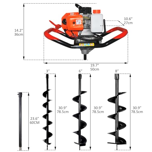 85cc 4HP Post Hole Digger Gas Powered, Gas Earth Auger/Ice Auger, with 3 Drill Bits 4"/8"/12" + 2 Extension Bar, One Man Earth Auger for Planting Fence, EPA Compliant Post Hole Auger