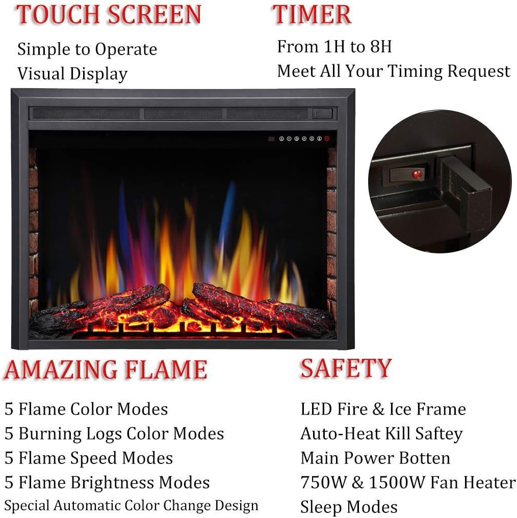 R.W.FLAME 36" Electric Fireplace Insert ,Recessed Electric Stove Heater,Touch Screen,Remote Control,750W-1500W with Timer & Colorful Flame Option