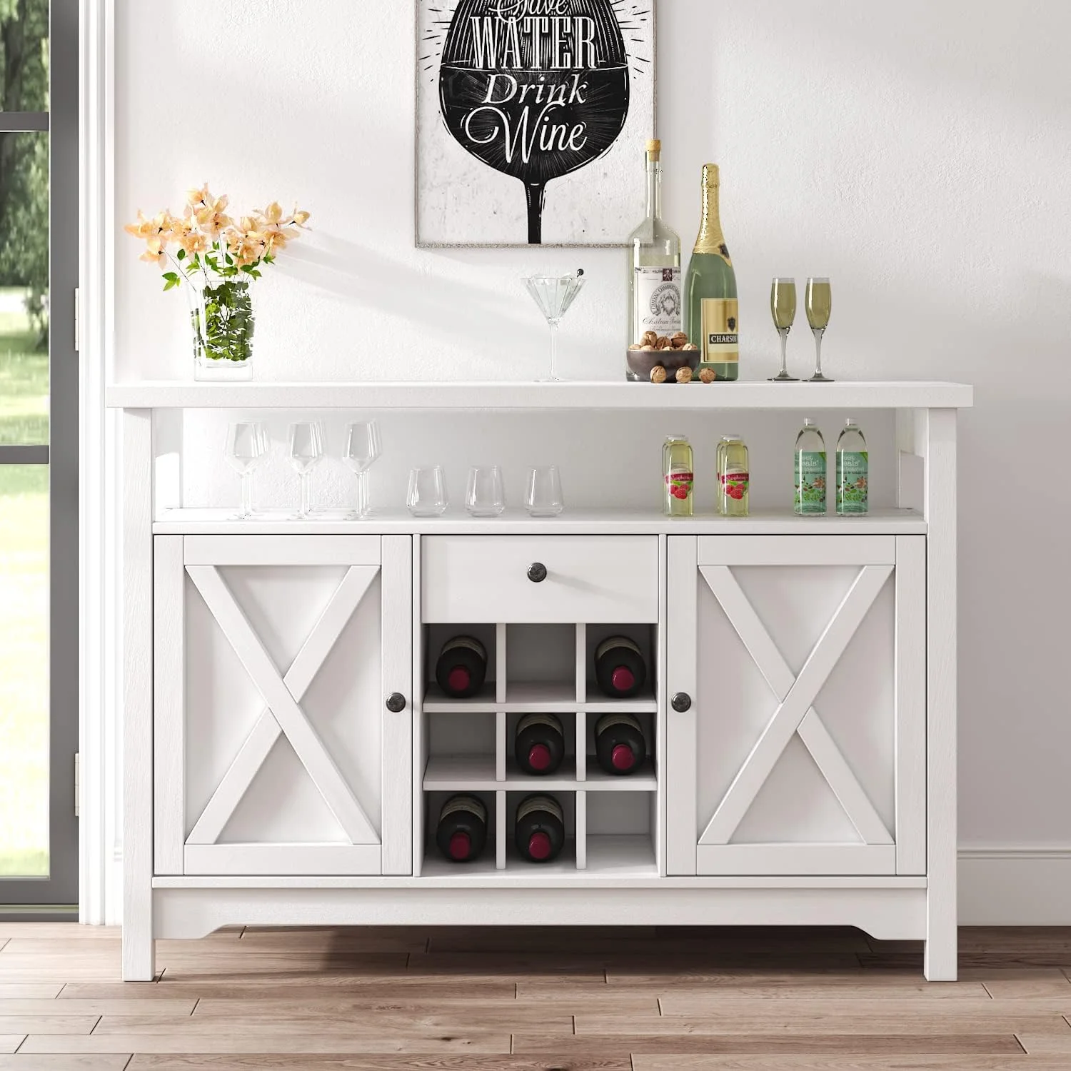 Farmhouse Coffee Bar Cabinet with Storage, White Coffee Bar with 9 Wine Racks Barn Door, Kitchen Buffet Cabinet with Drawer, Wine Bar Cabinet with Adjustable Shelf for Dining, Living Room