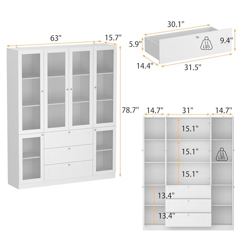 Hitow 78.7" Tall Curio Cabinet Acrylic Storage Cabinet with 5-Tier Shelf & 3 Drawer, Display Bookshelf Bookcase with 6 Acrylic Glass Doors, Liquor Cabinet for Home Office Kitchen Garage, White 63" W
