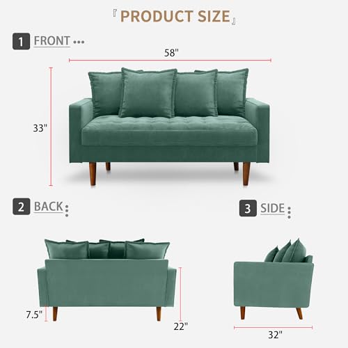 Mid-Century Modern Small Spaces Comfy Velvet Living Room,Office,and Apartment,Loveseat Couch Sofas, 58 Inch, Aqua Turquoise