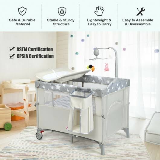5-in-1 Portable Baby Beside Sleeper Bassinet Crib Playard with Diaper Changer-Beige | Costway