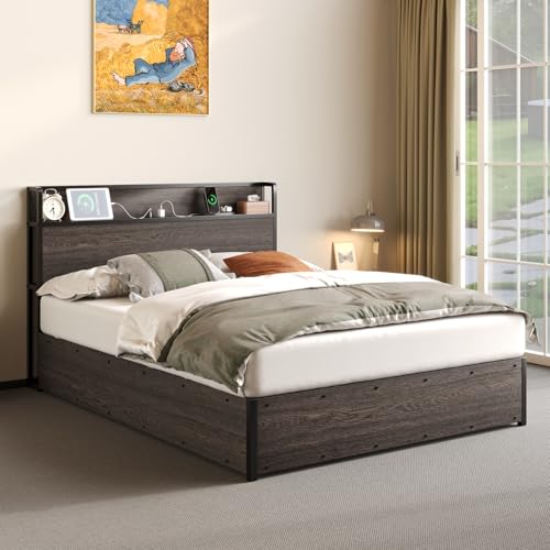 Albott Full Size Bed Frame with Lift Up Storage, Wooden Platform Bed Frame with Storage Headboard ＆ Charging Station, No Spring Box Needed/Noise Free, Rustic Brown