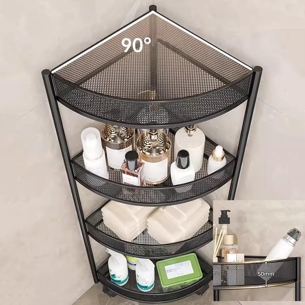 4 Tier Bathroom Corner Triangle Shower Shelf with Wheels, Free-Standing Metal Storage Shelf, Multifunctional Corner Rack Shelving for Living Room, Bedroom, Kitchen, Bathroom