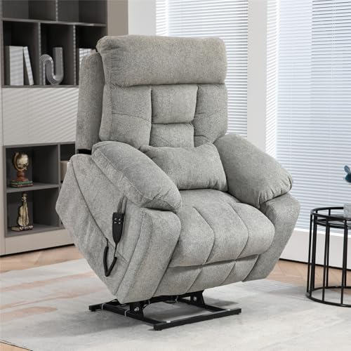 Light Grey Recliner Chair for Elderly | Tall and Big Man 400lbs | Chenille | Power Lift, Lay Flat, Stand Up, Wireless Charging Device, Extended Footrest, Massage Heat, Cup Holder, Lumbar Pillow
