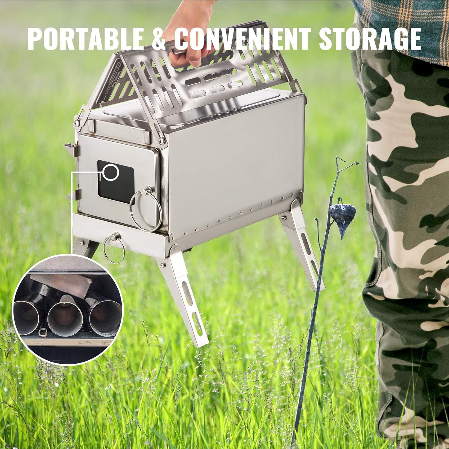 Happybuy Tent Wood Stove 18.3x15x14.17 inch, Camping Wood Stove 304 Stainless Steel With Folding Pipe, Portable Wood Stove 90.6 inch Total Height For Camping, Tent Heating, Hunting, Outdoor Cooking