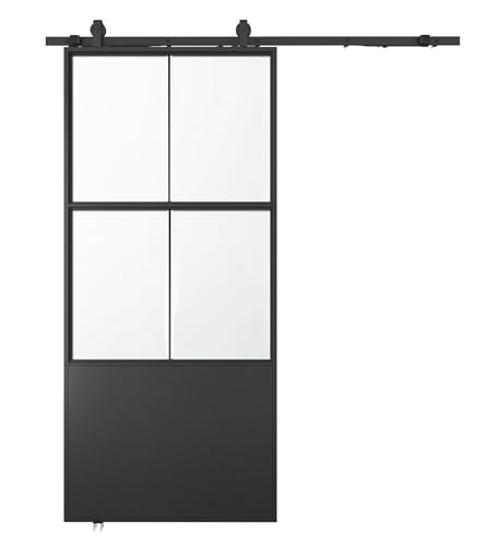 JUBEST 30" x 84" Glass Sliding Barn Door with Top Mounted Hardware Kit Included, 3-Panel Aluminum Frame and Frosted Tempered Glass French Door, Black Sliding Door, Easy to Install