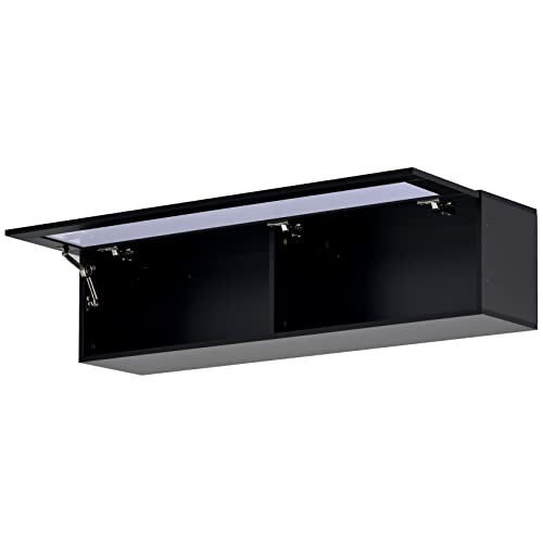 Wall Mount Floating TV Stand with Four Media Storage Cabinets and Two Shelves, Modern High Gloss Entertainment Center for 95+ Inch TV, 16-Color RGB LED Lights for Living Room, Bedroom, Black