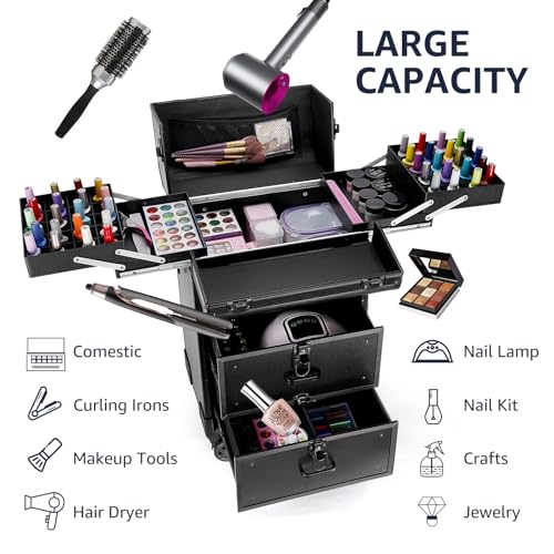 Yokilly Rolling Makeup Train Case, Professional Cosmetology Case on Wheels, Aluminum Cosmetic Trolley Travelling Cart Trunk with Swivel Wheels, Sliding Drawer & Keys for Nail Technician Stylist(Black)
