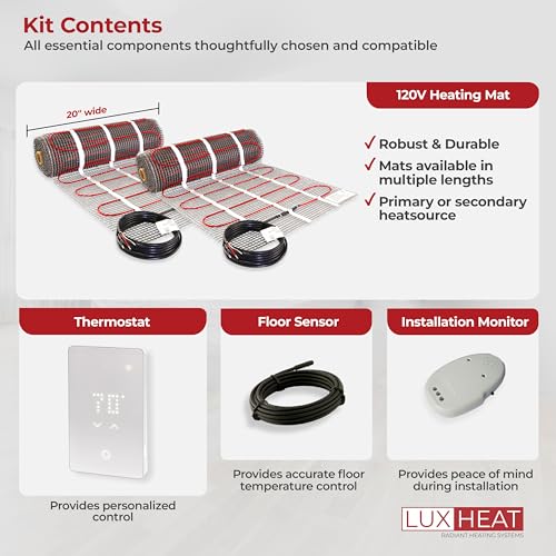 70sqft Floor Heating Mat Kit - 120v In Floor Heat Kit for Tile, Vinyl, Laminate - Easy to Install Infloor Heat System Includes UWG5 WiFi Programmable Thermostat w/GFCI, Alarm & Flooring Sensor